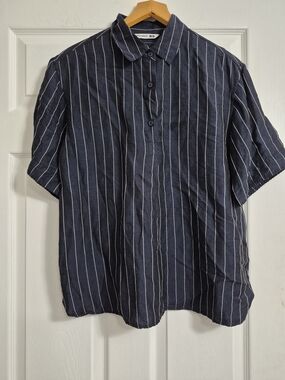 JW ANDERSON Navy Blue Short-Sleeve Vertical Stripe Shirt 48% Linen